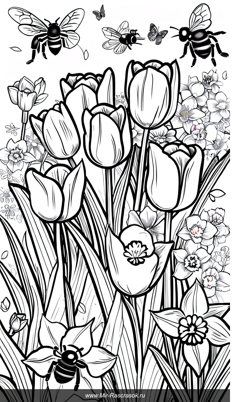 Весенний сад для раскрашивания с тюльпанами бабочками и пчелами