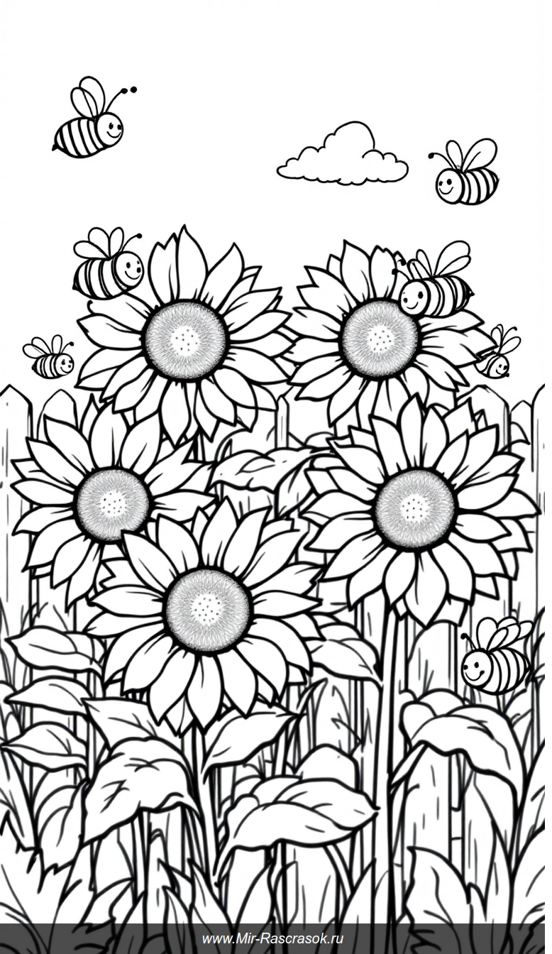 Яркий летний сад с большими подсолнухами и веселыми пчелками для раскрашивания