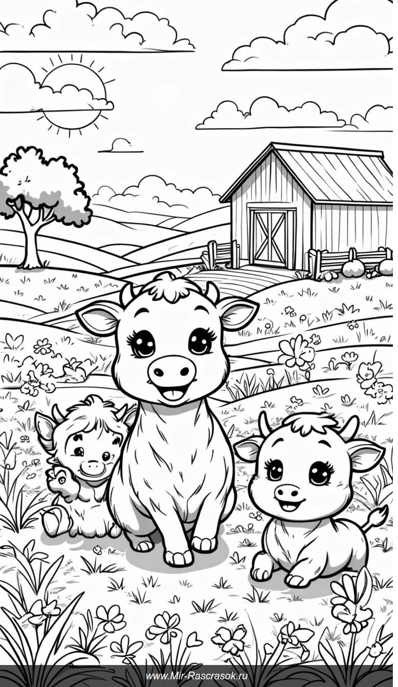 Веселая ферма раскраска с коровами в цветущем лугу