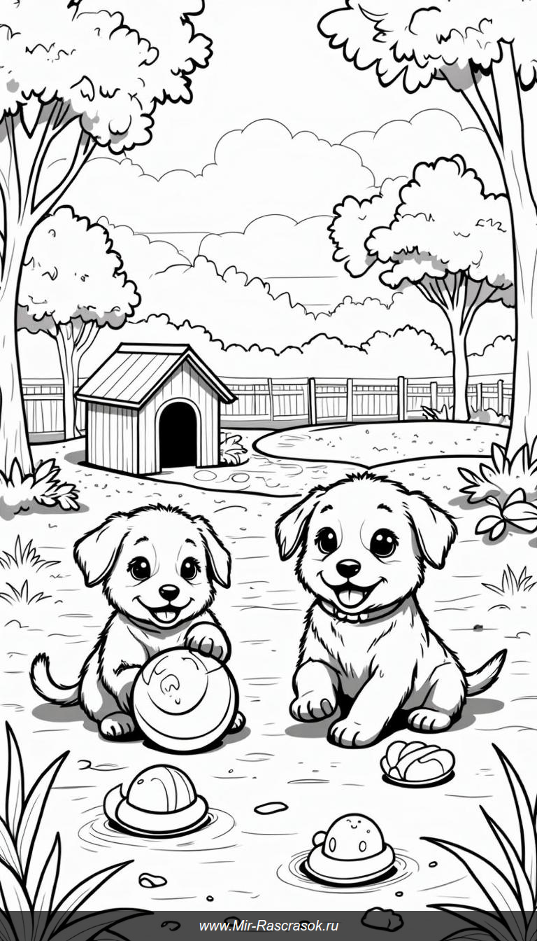 Веселые щенки в парке раскраска для детей