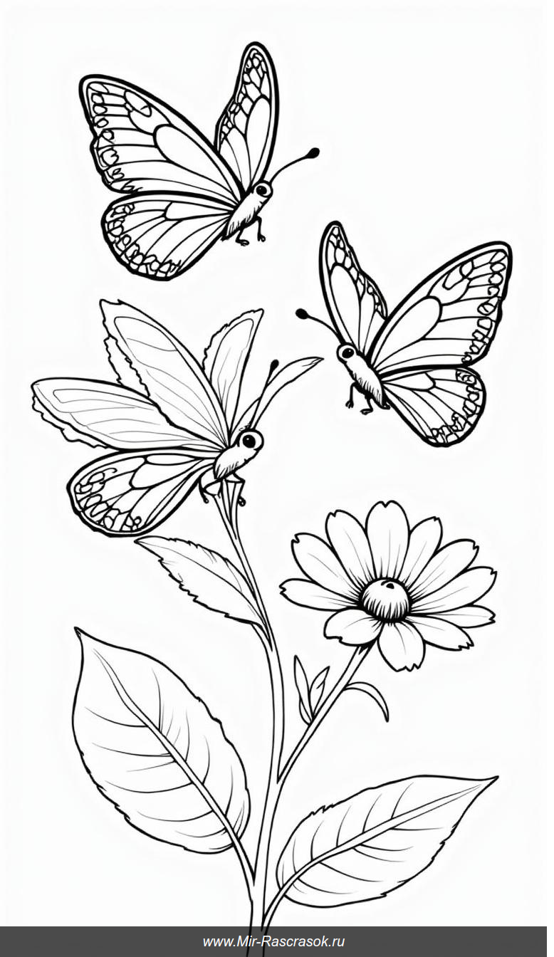 Раскраска: три бабочки с узорчатыми крыльями у цветка