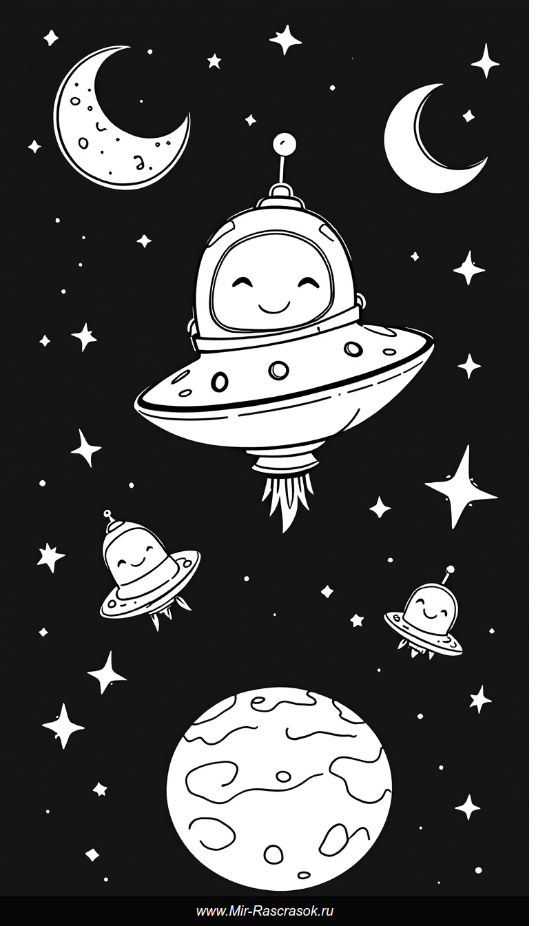 Дружелюбная космическая раскраска для детей с улыбающимся кораблем