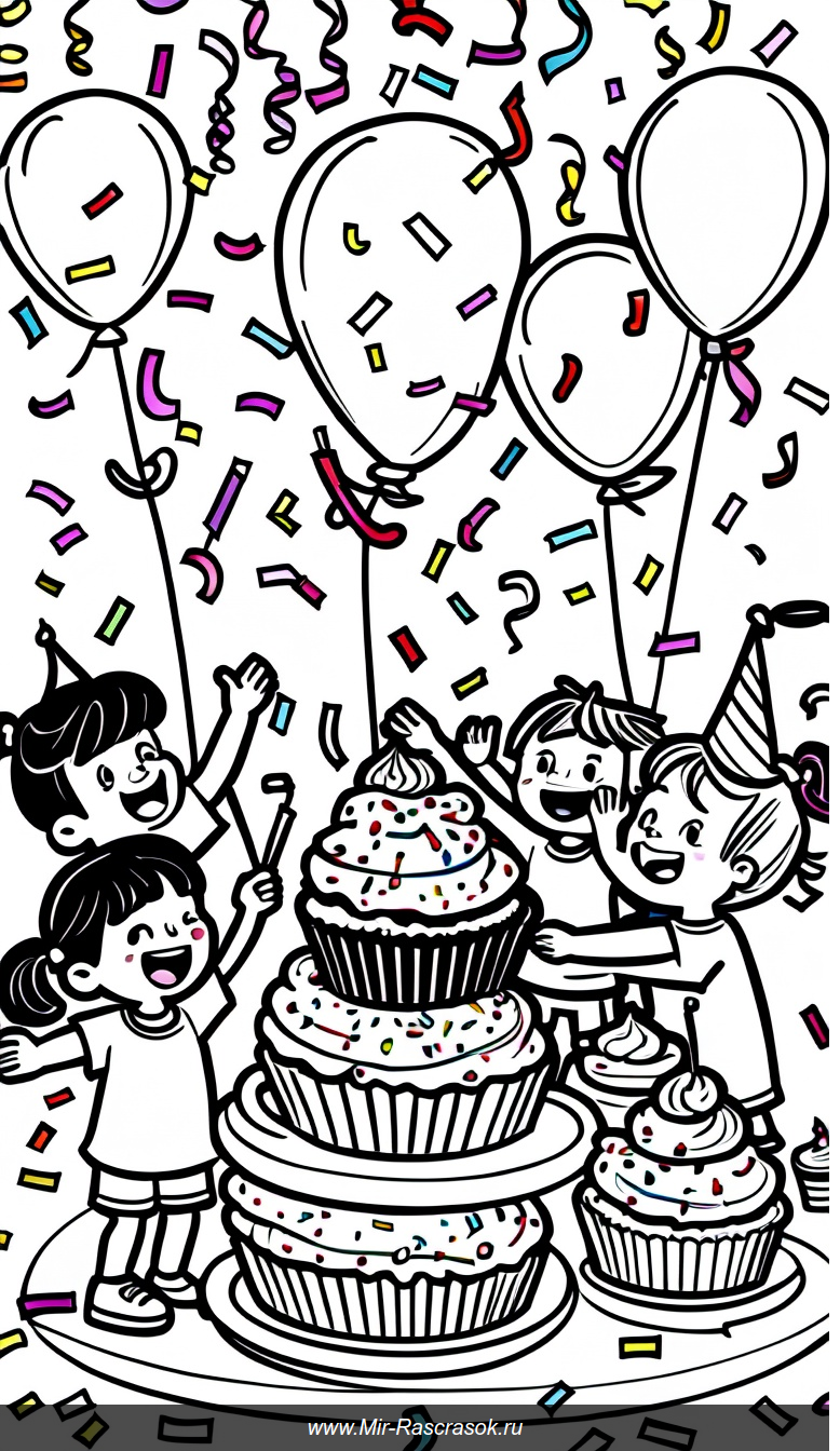 Веселая вечеринка с детьми, раскрашивающими гигантские кексы и украшающими праздник