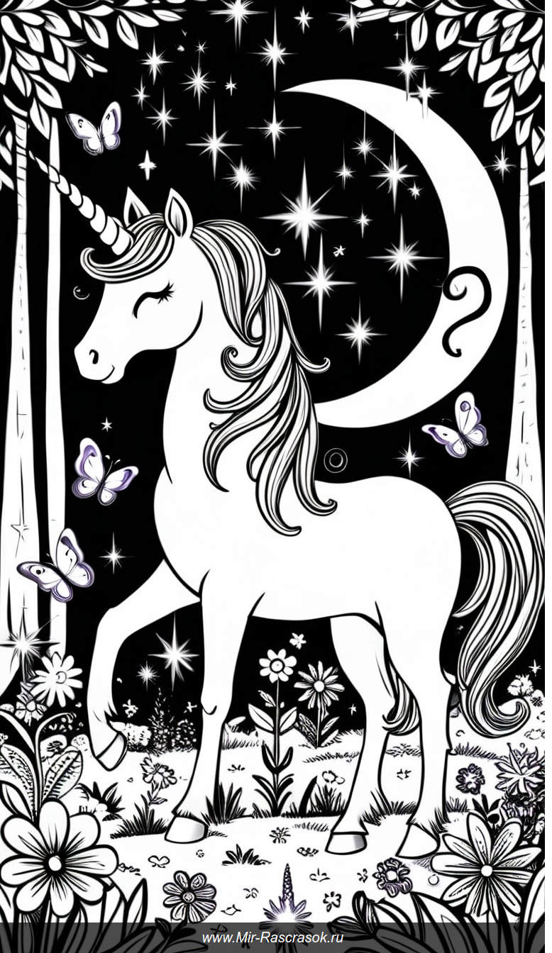Волшебный единорог в лесной поляне для раскрашивания