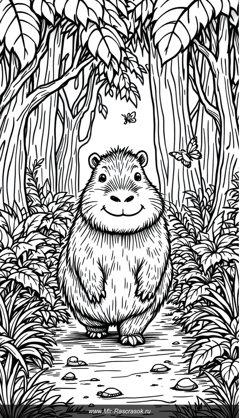 Дружелюбная капибара в джунглях раскраска для детей с простыми линиями