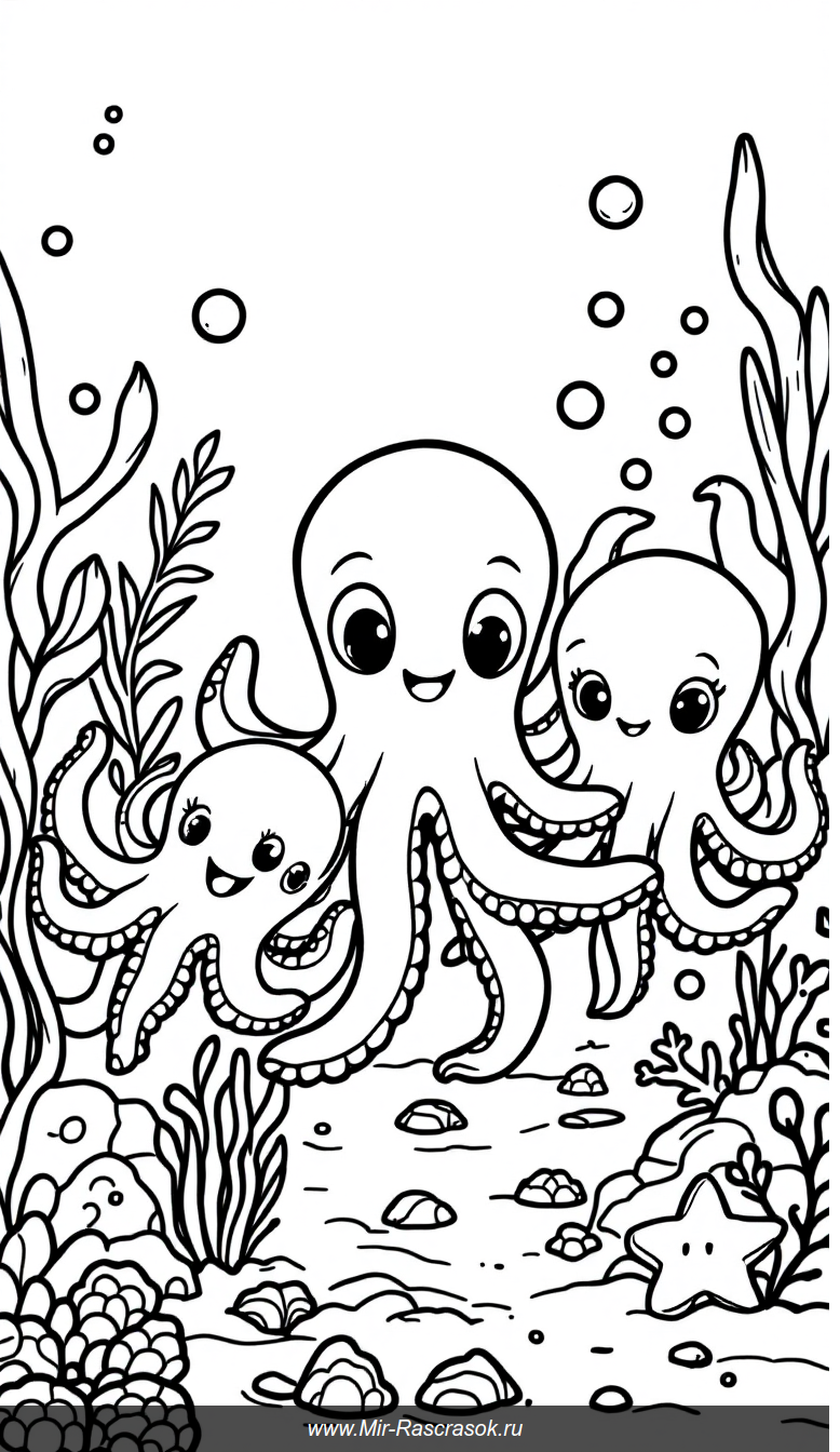 Весёлые осьминоги и простые морские мотивы для детской раскраски