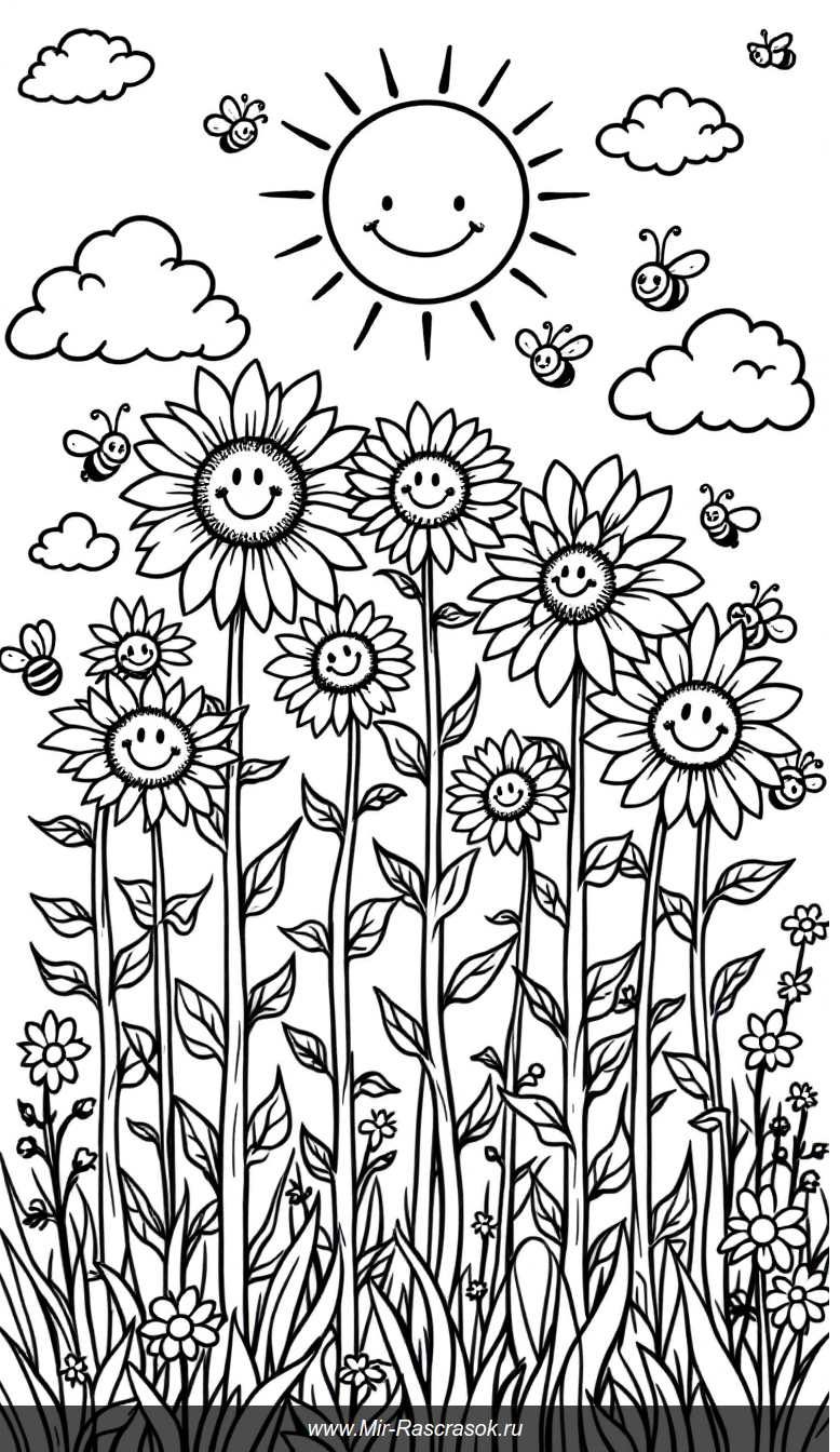 Веселый сад для раскрашивания с цветами бабочками и улыбающимся солнцем