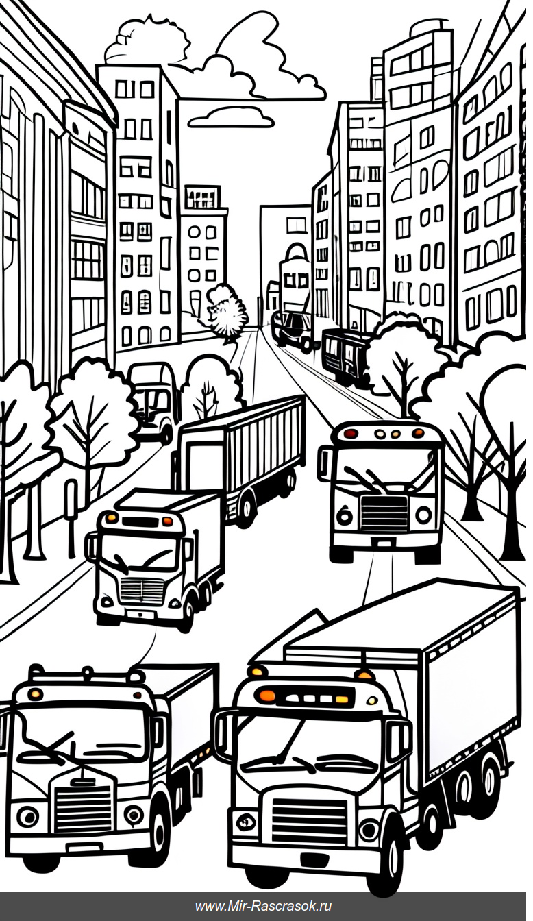Раскраска городская улица с грузовиками и автобусами на фоне зданий и деревьев