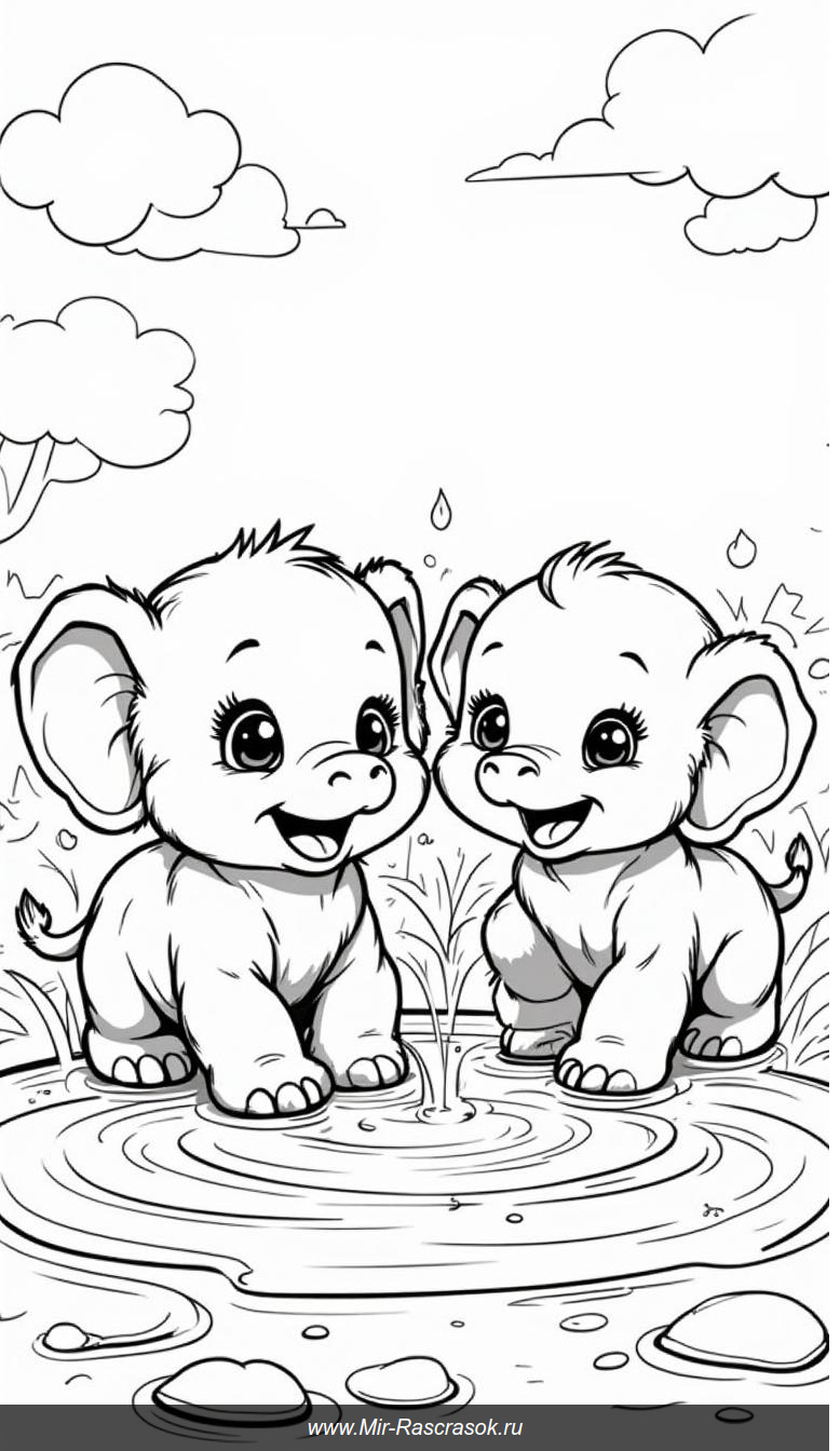 Веселые слонята в луже