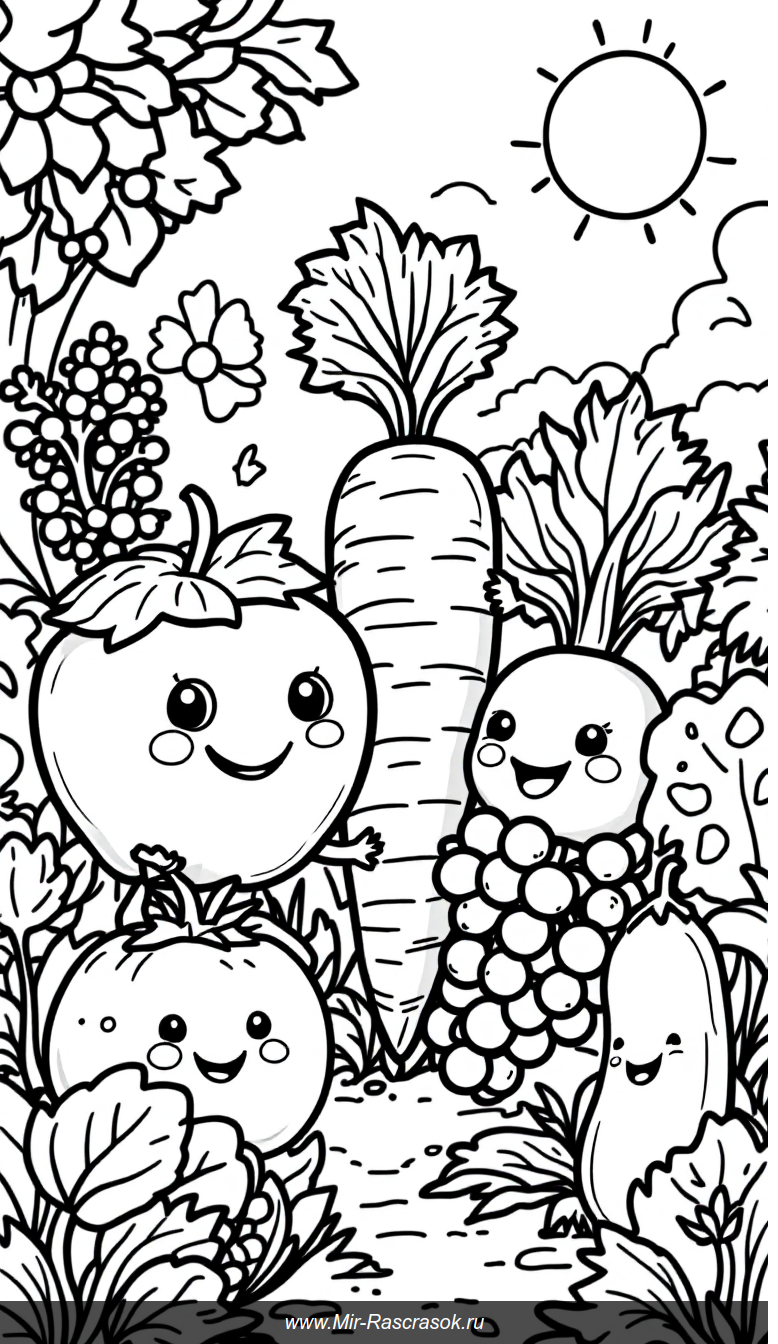Веселые фрукты и овощи в солнечном саду для детской раскраски