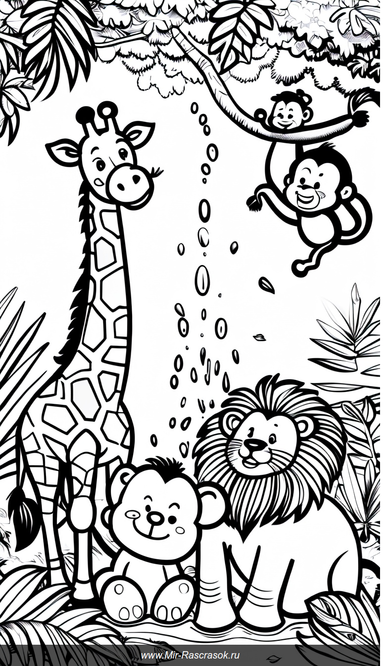 Раскраска с дружелюбными зоопарковыми животными в тропическом стиле