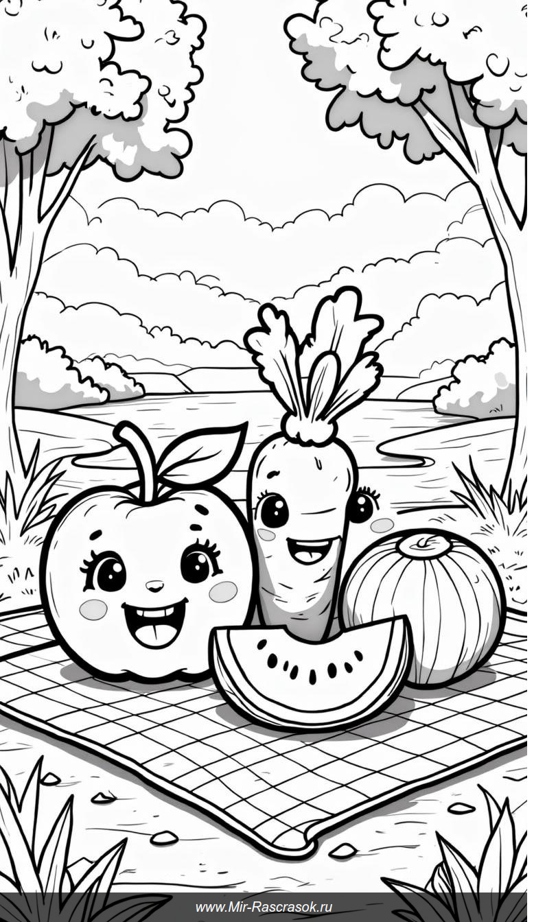 Веселые фрукты и овощи на пикнике