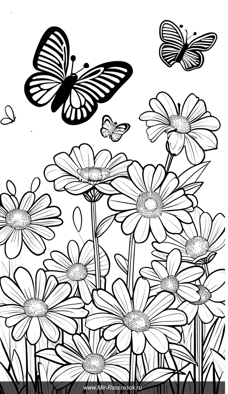 Раскраска с бабочками и цветами в солнечном саду для легкого творчества