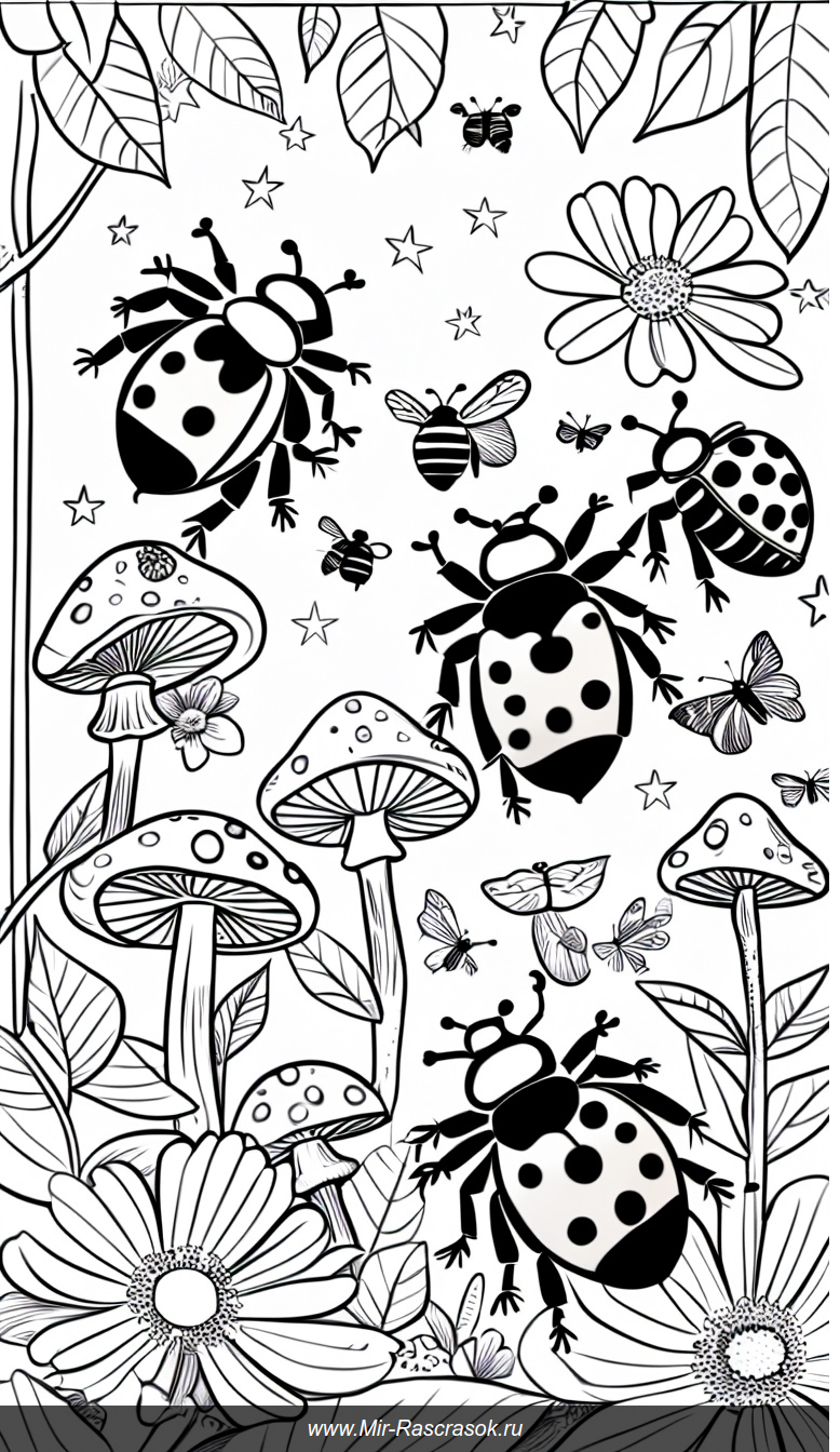 Раскраска с божьими коровками пчёлами и звёздным лесом