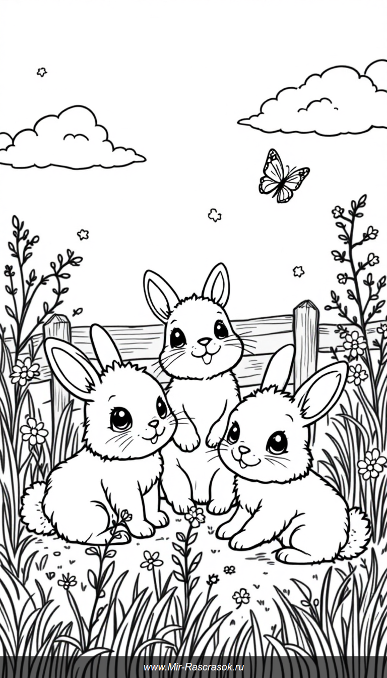 Веселые маленькие кролики в солнечном поле ждут тебя для раскрашивания 🎨🐰 Простые линии и милые детали помогут детям развить творческие навыки и подарят радость творчества 🌸🦋 Идеальная раскраска для малышей и начинающих художников!
