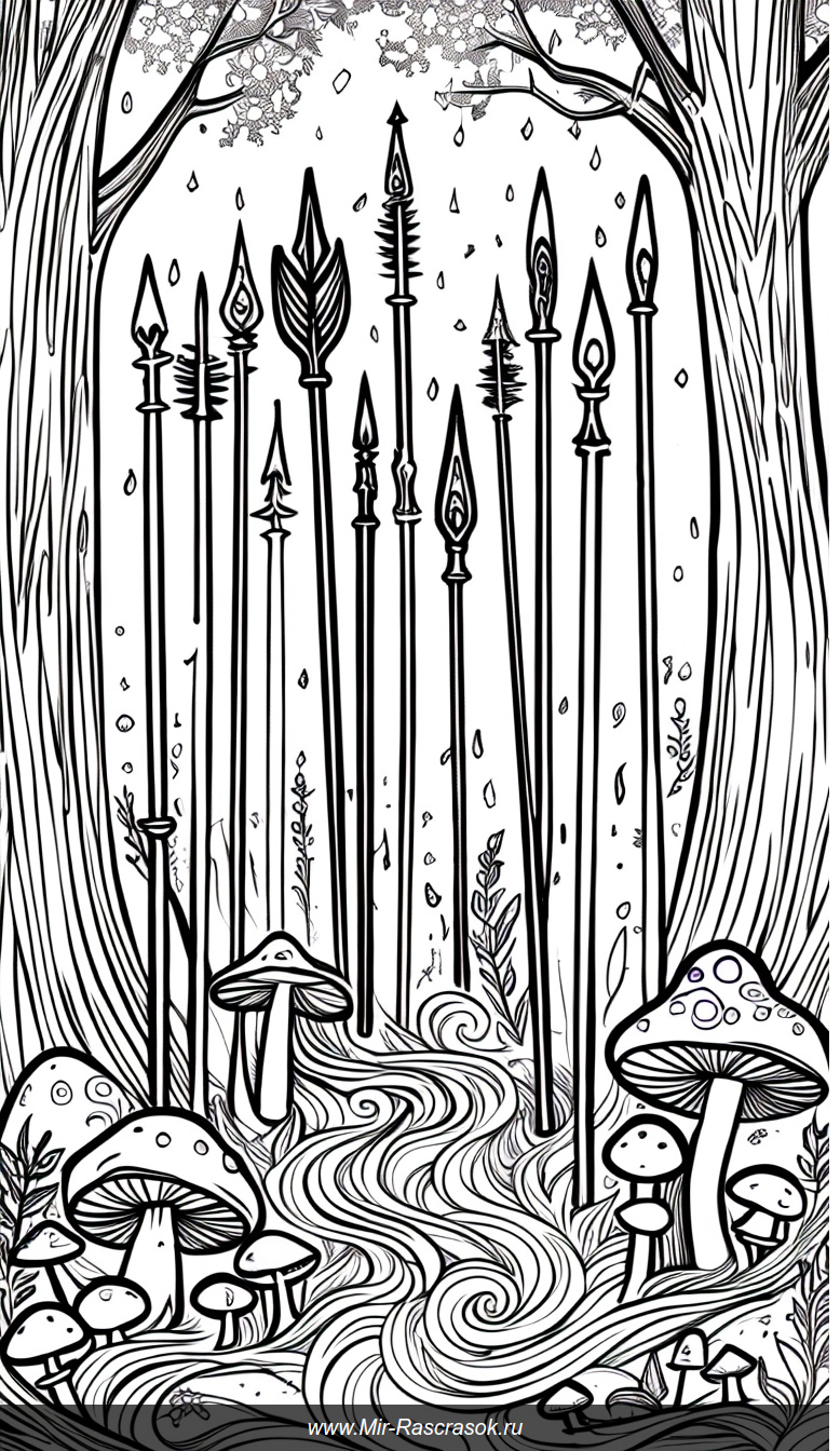 Волшебная поляна для раскраски с магическими палочками и сверкающими грибами