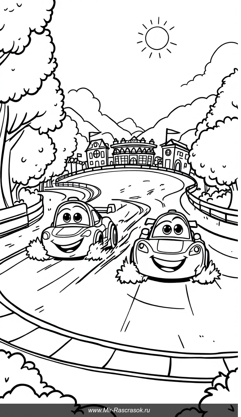 Весёлые гоночные машинки на трассе для детей раскраска