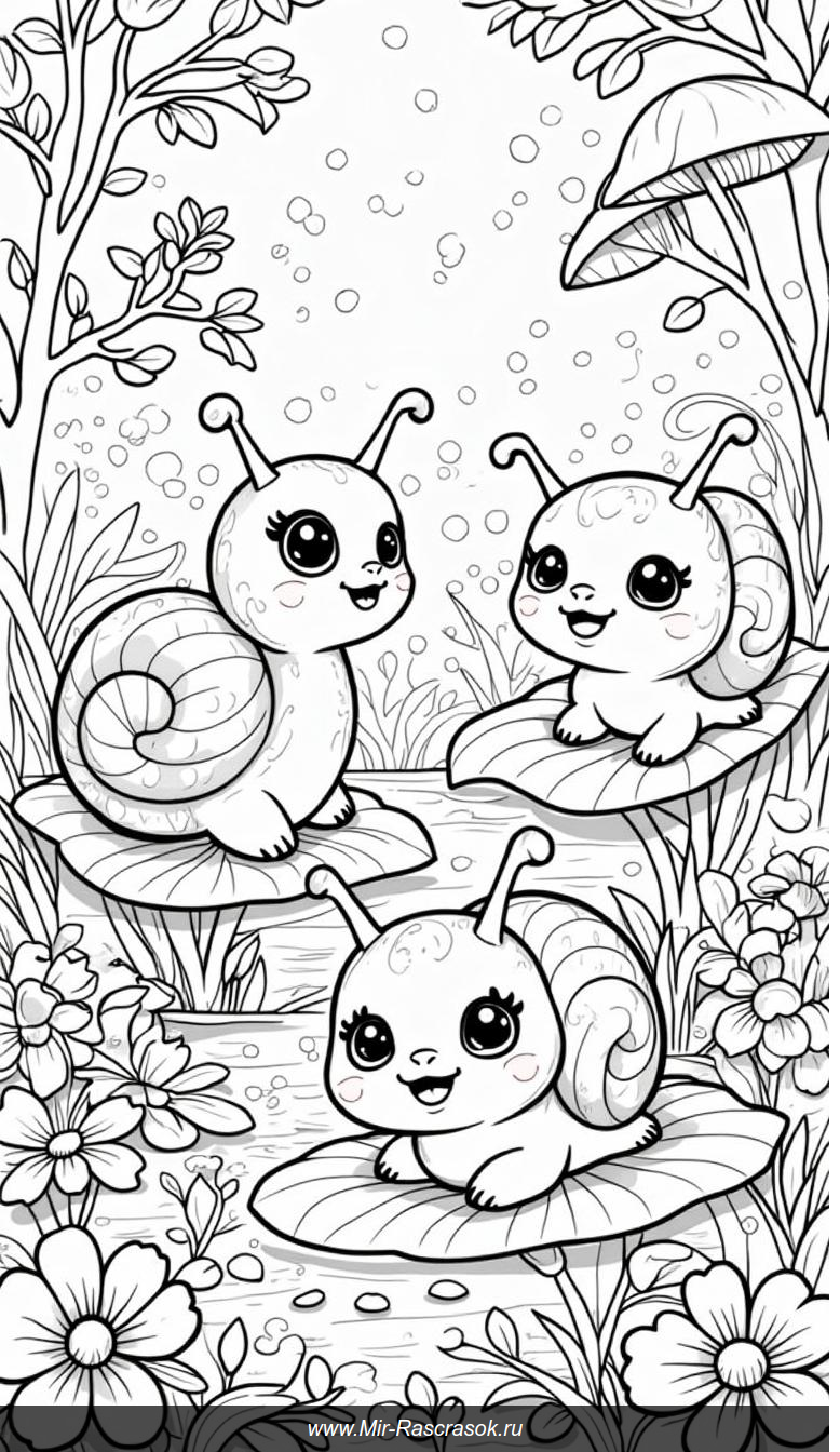 Раскраска для детей с веселыми улитками на необычных листьях