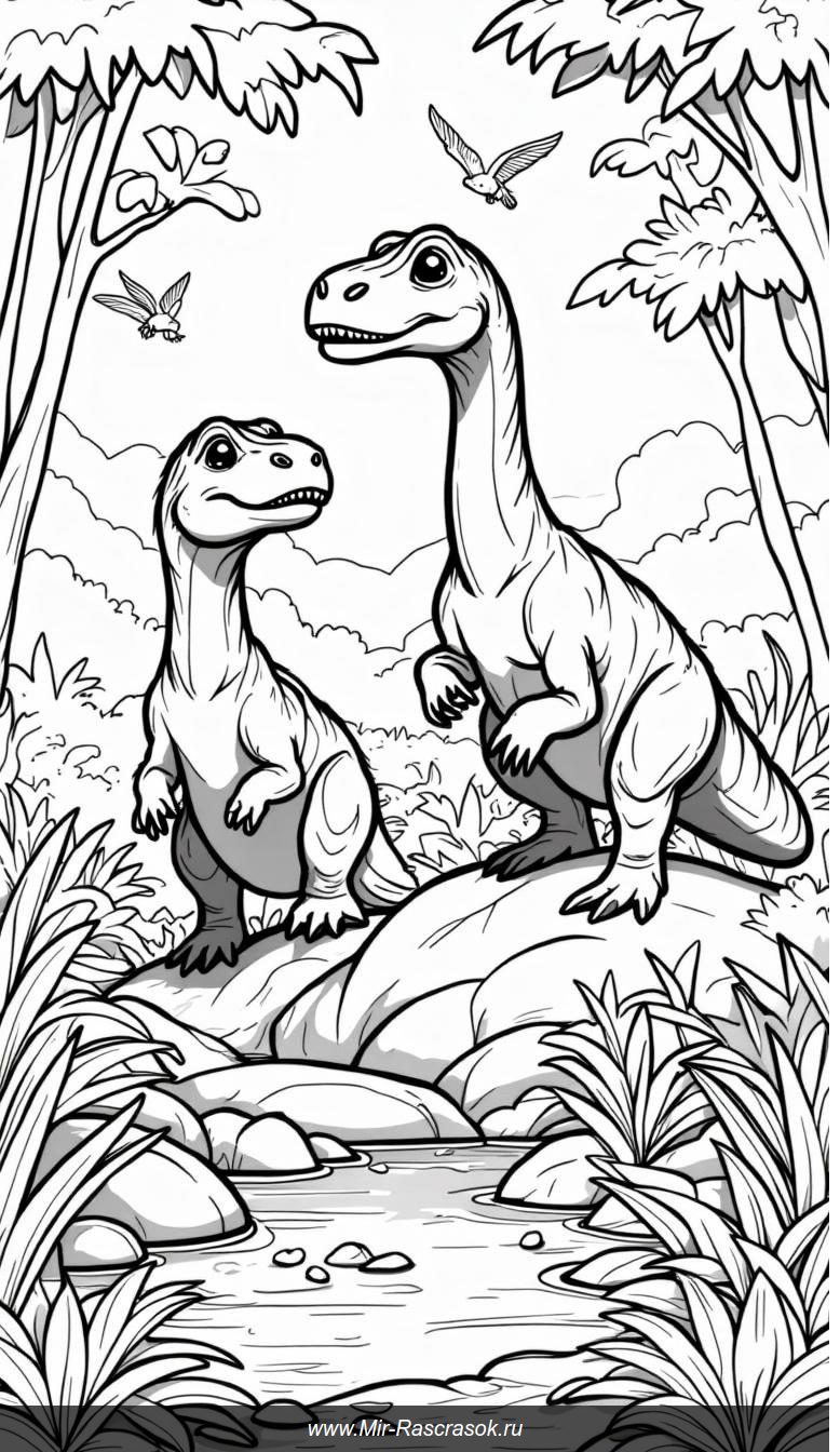 Раскраска для детей мир динозавров в доисторическом лесу