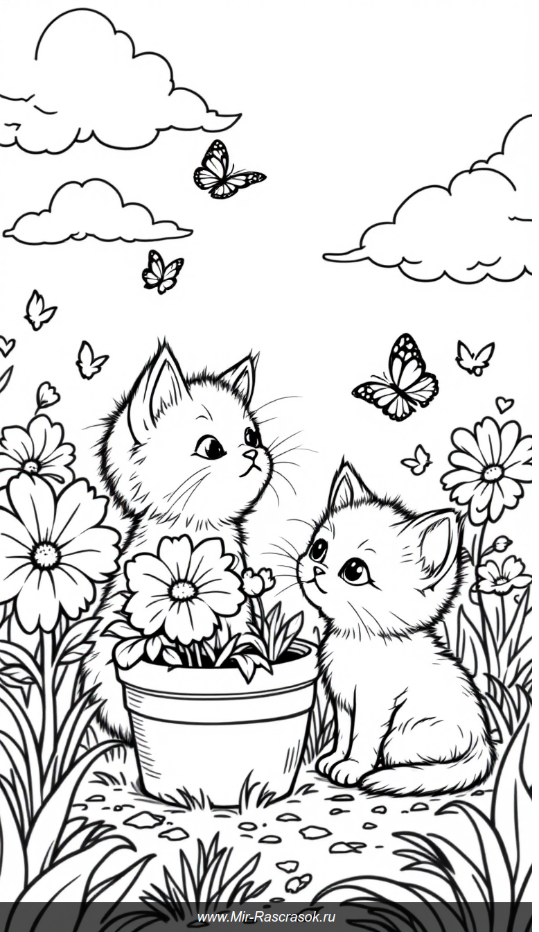 Три котёнка играют в солнечном саду раскраска для детей
