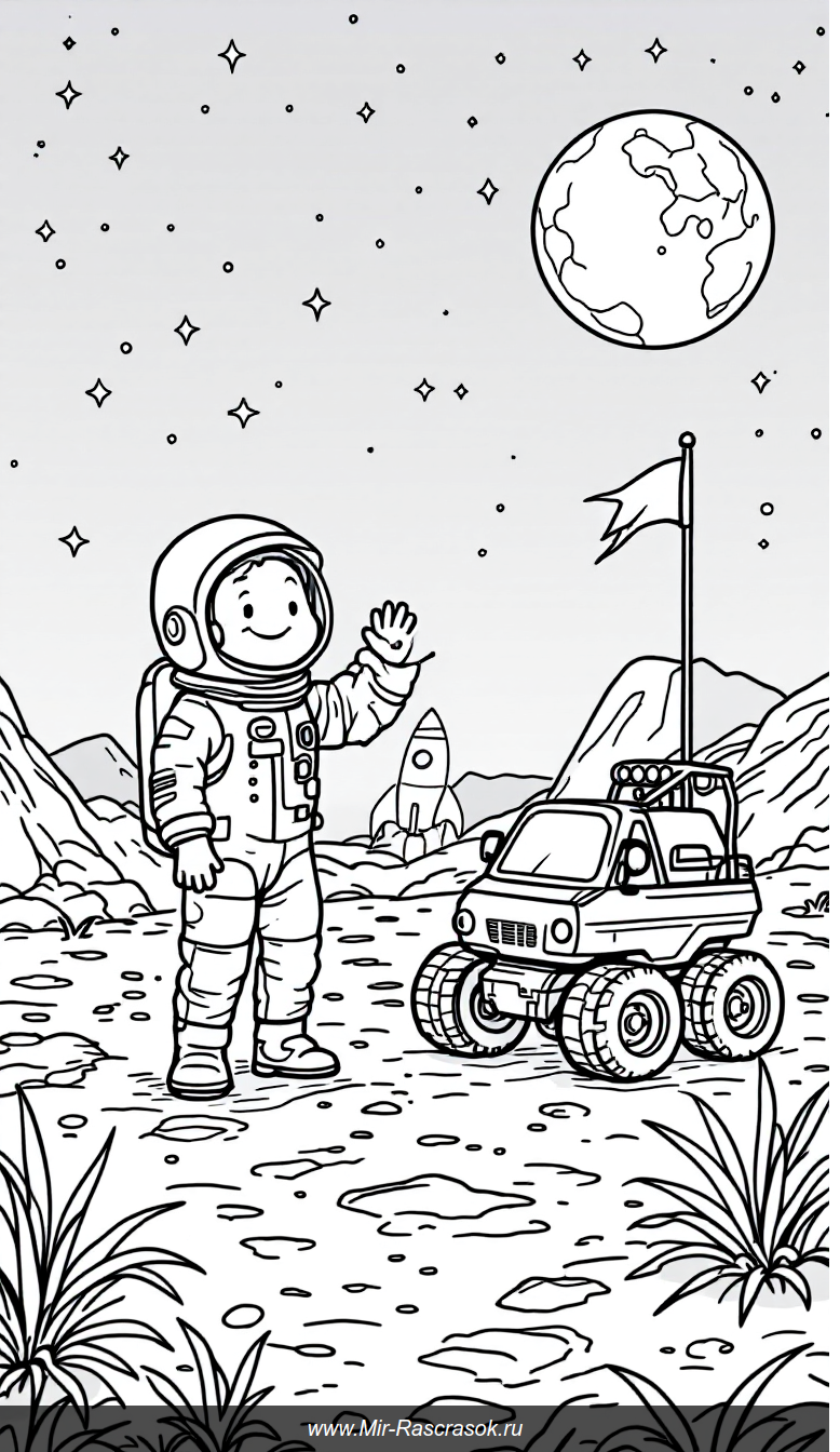 Веселый астронавт на Луне Раскраска для детей о космических приключениях
