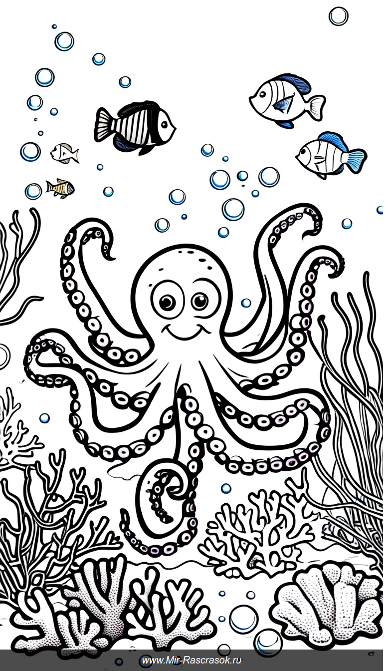Веселые осьминожки и морские друзья в раскраске подводного мира