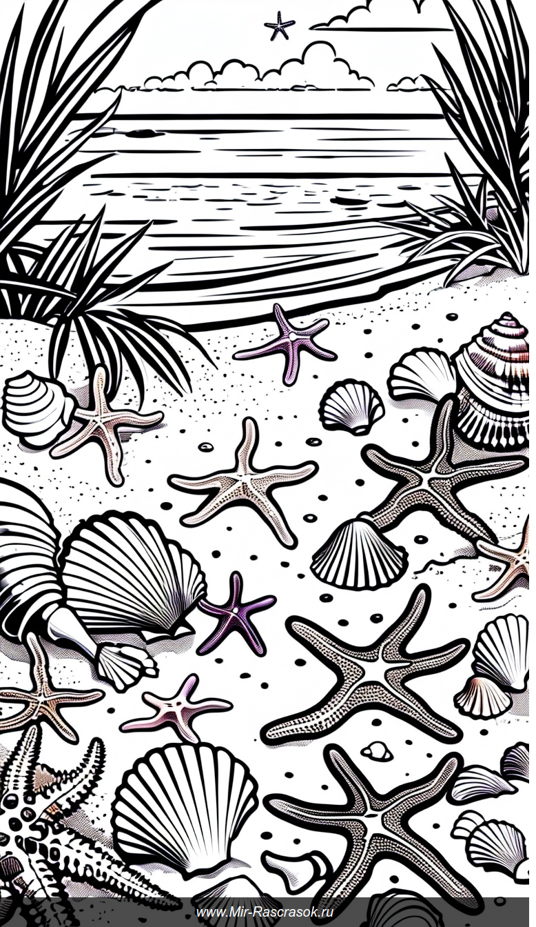 Раскраска пляж с морскими звездами ракушками и растениями для творчества