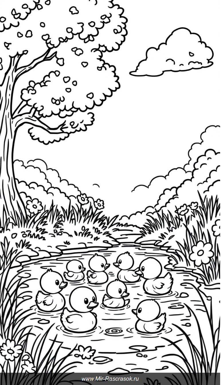 Весёлые утята у пруда раскраска для малышей
