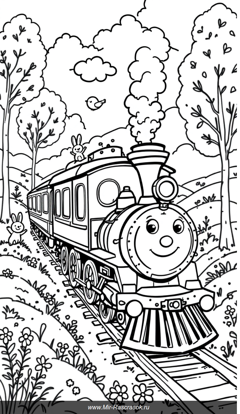 Веселое приключение с улыбающимся паровозиком в раскраске