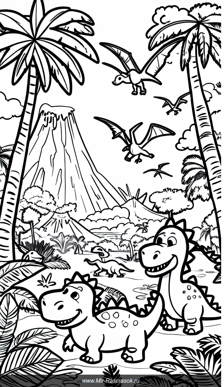Веселое приключение с динозаврами в доисторическом раскраске