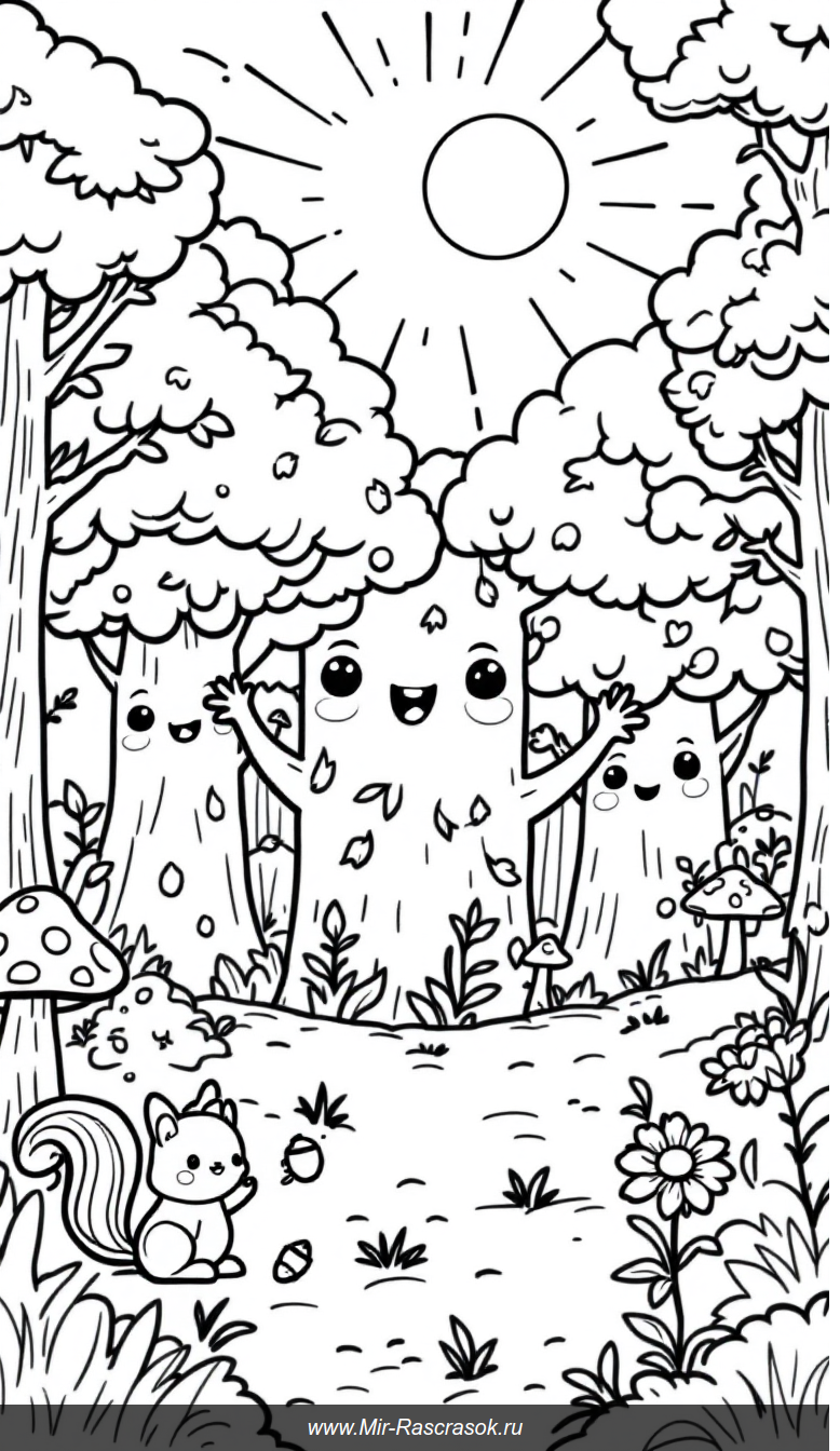 Весёлый солнечный лес с дружелюбными деревьями для детской раскраски