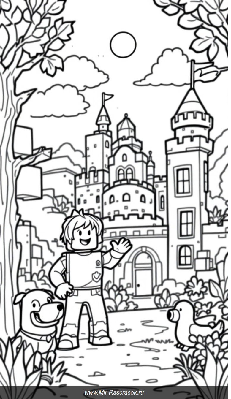 Весёлая раскраска в стиле Роблокс с персонажами и замком для детей