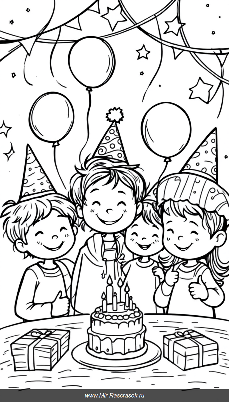 Веселый праздник с друзьями раскрась и оживи сцену