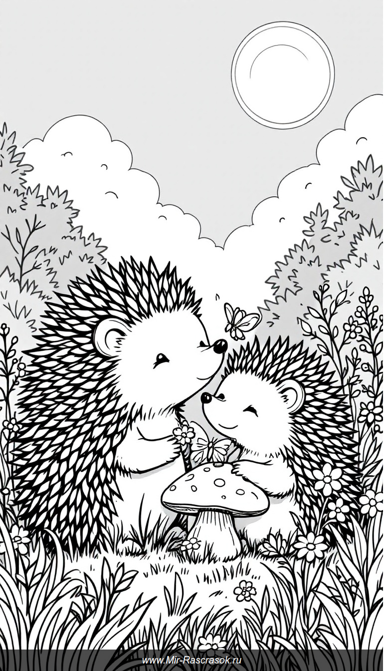 Дружные ёжики в лесной поляне для детской раскраски