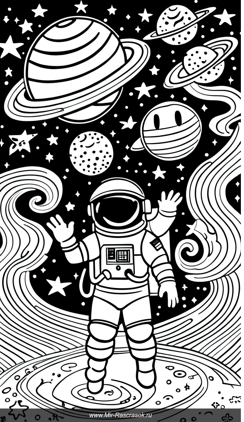 Раскраска с забавной космической сценой улыбающихся планет и приветливого астронавта