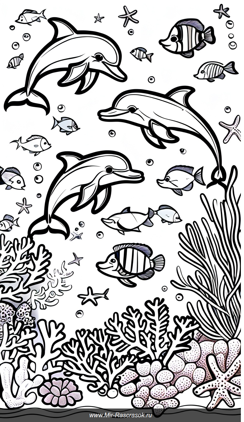 Веселое подводное царство раскраска с дельфинами и кораллами