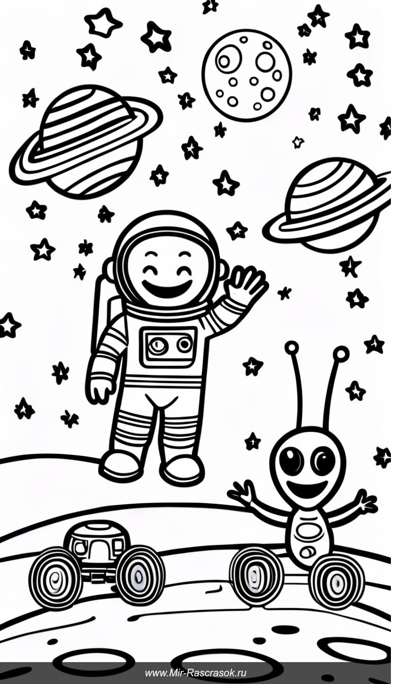 Дружелюбное космическое приключение для детей раскраски
