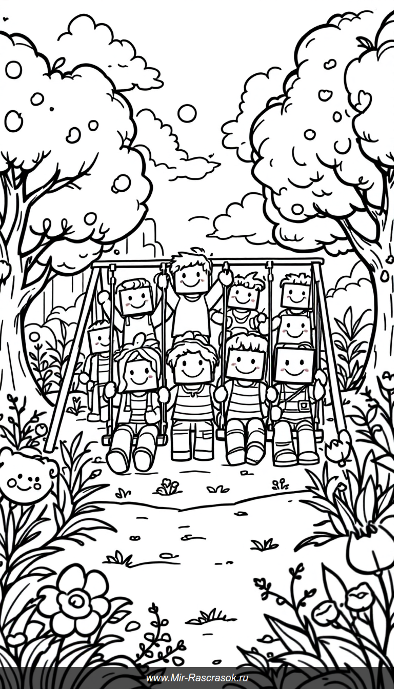 Веселая детская раскраска с добрыми героями на игровой площадке