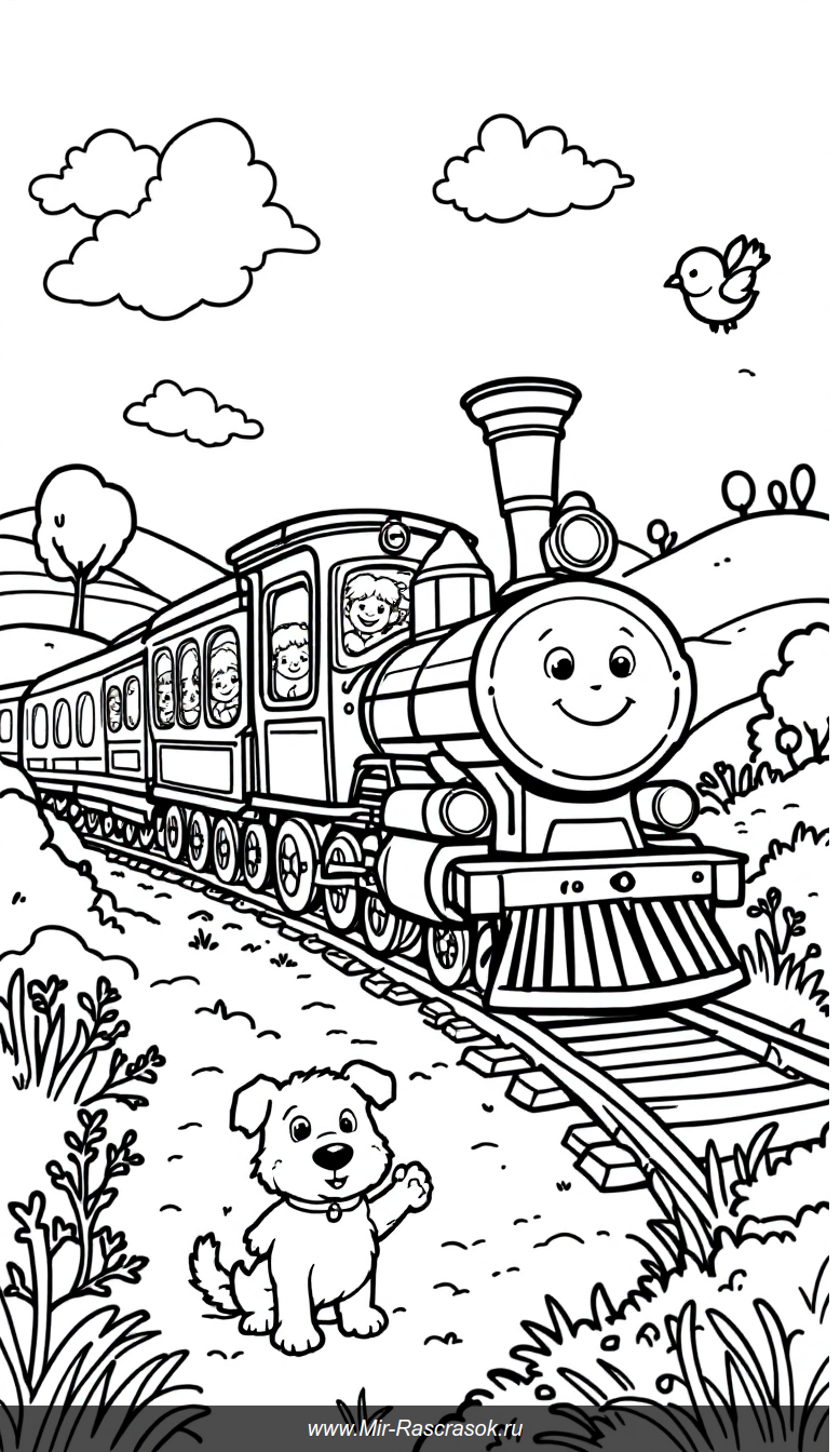 Веселый паровозик и друзья на просторах природы для раскрашивания