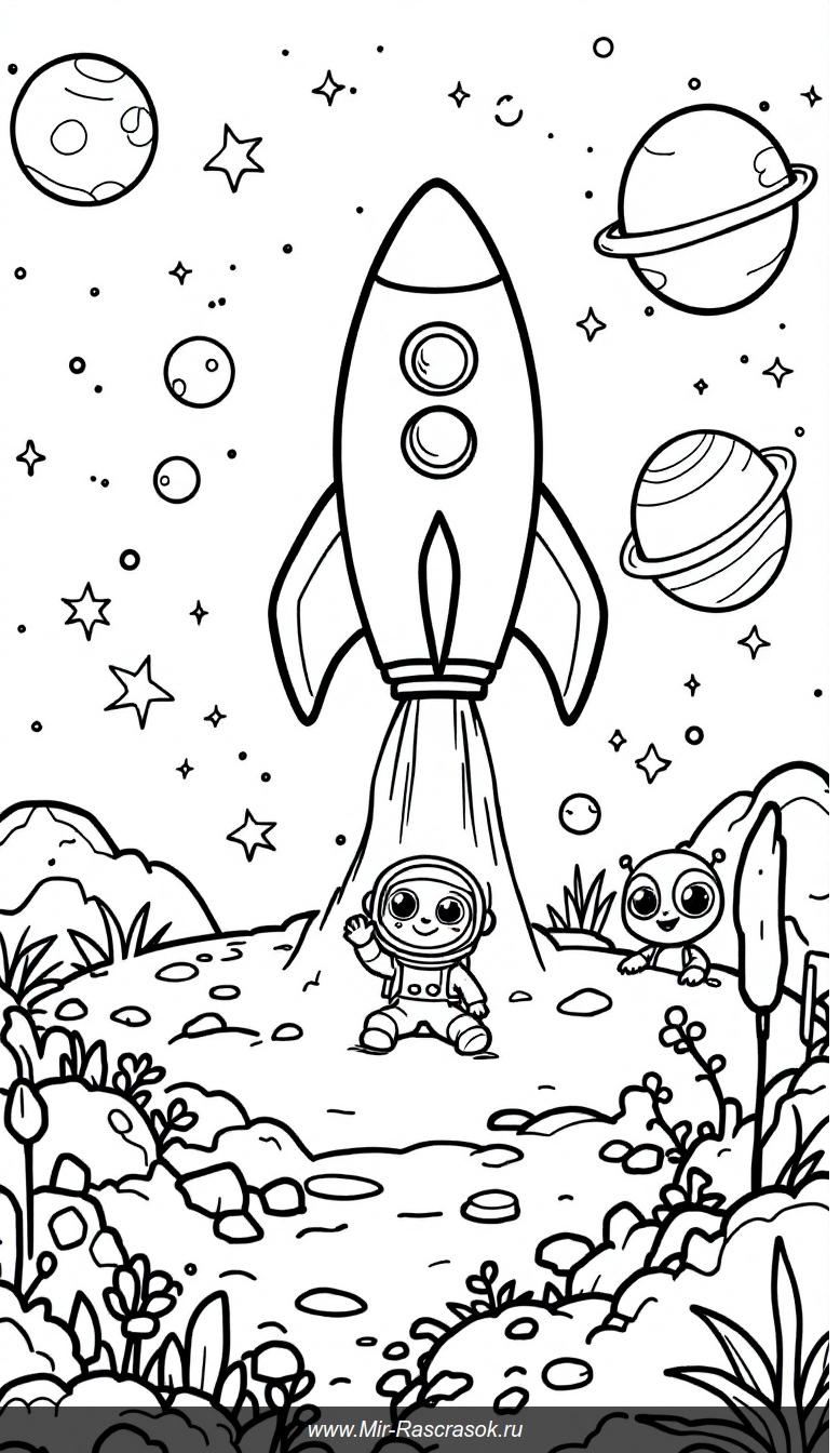 Веселое космическое путешествие Раскраска для детей с ракетой астронавтами и инопланетянами
