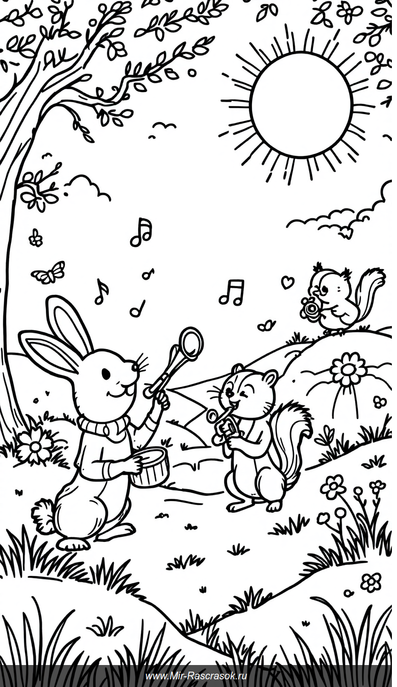 Веселая музыкальная сцена на природе для детской раскраски