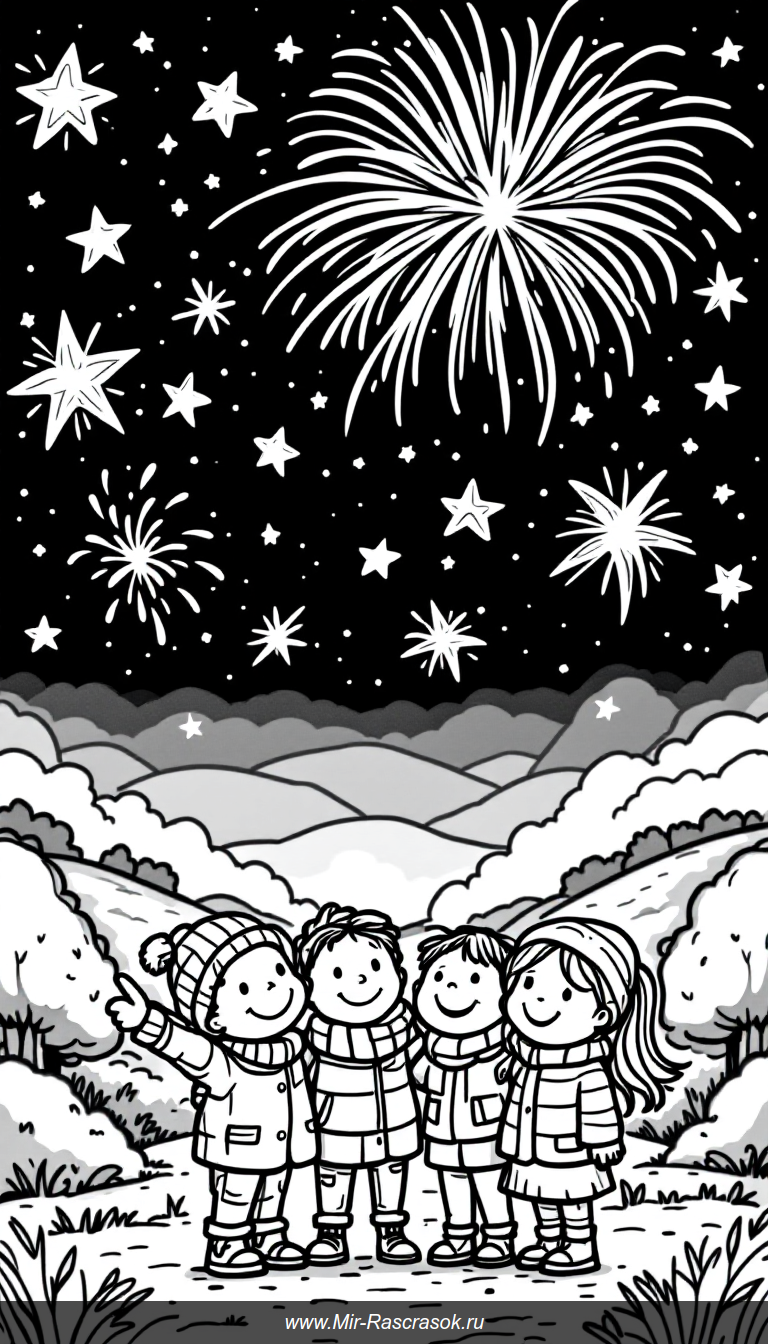 Весёлый ночной небосвод с фейерверками и счастливыми детьми для раскрашивания