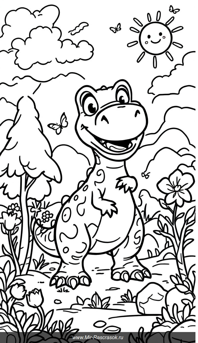 Весёлый Тираннозавр для раскрашивания в доисторическом саду