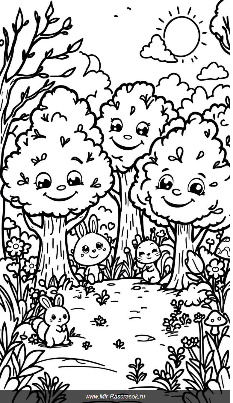 Счастливый лес для раскрашивания с улыбчивыми деревьями и милыми животными