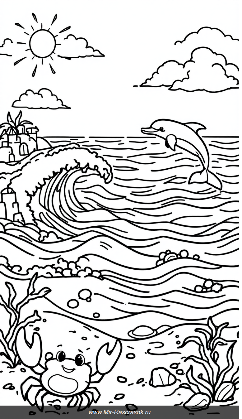 Веселый пляж с крабиком и дельфином раскраска для малышей