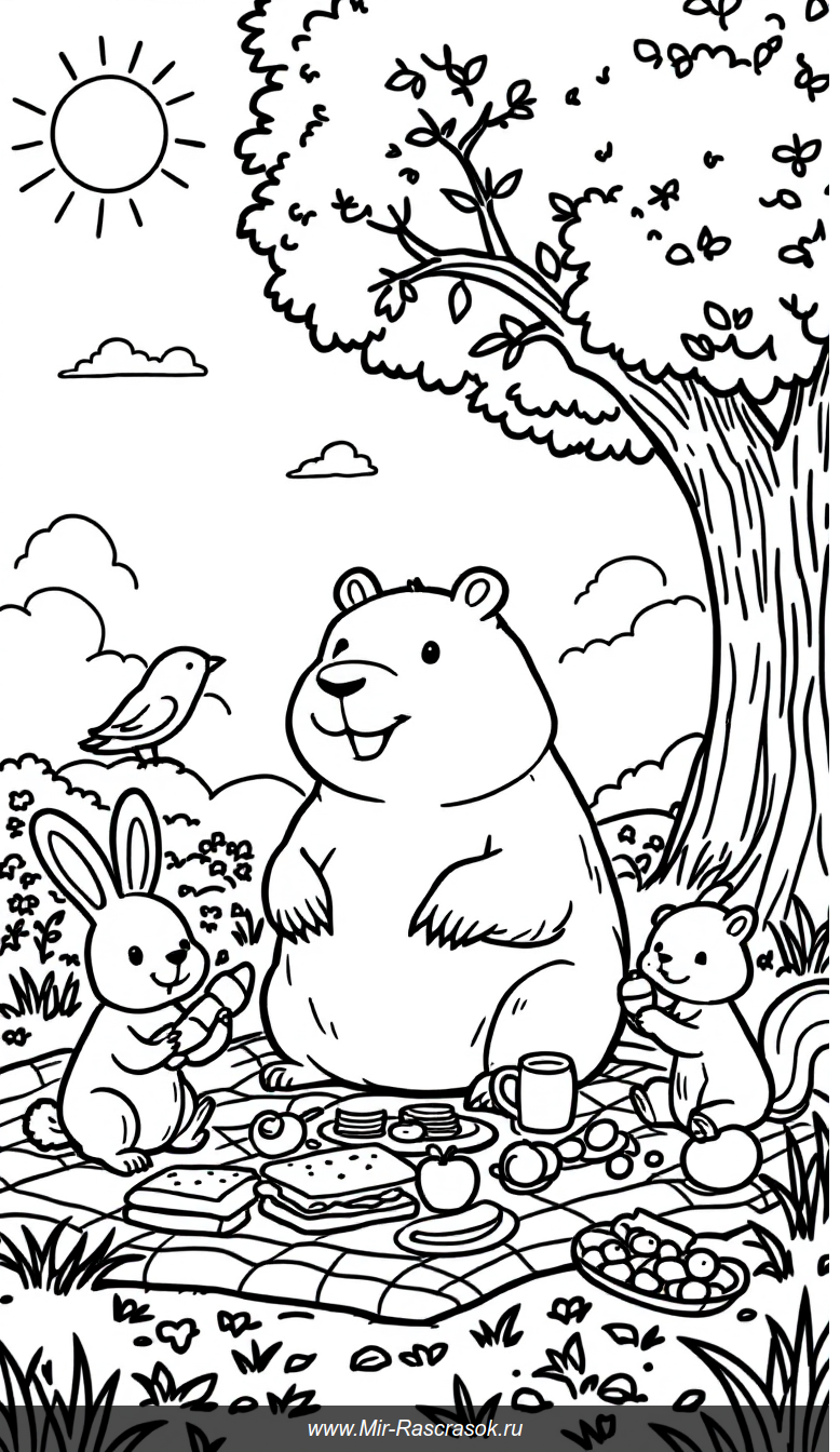 Весёлое пикниковое приключение капибары и ее друзей для раскрашивания