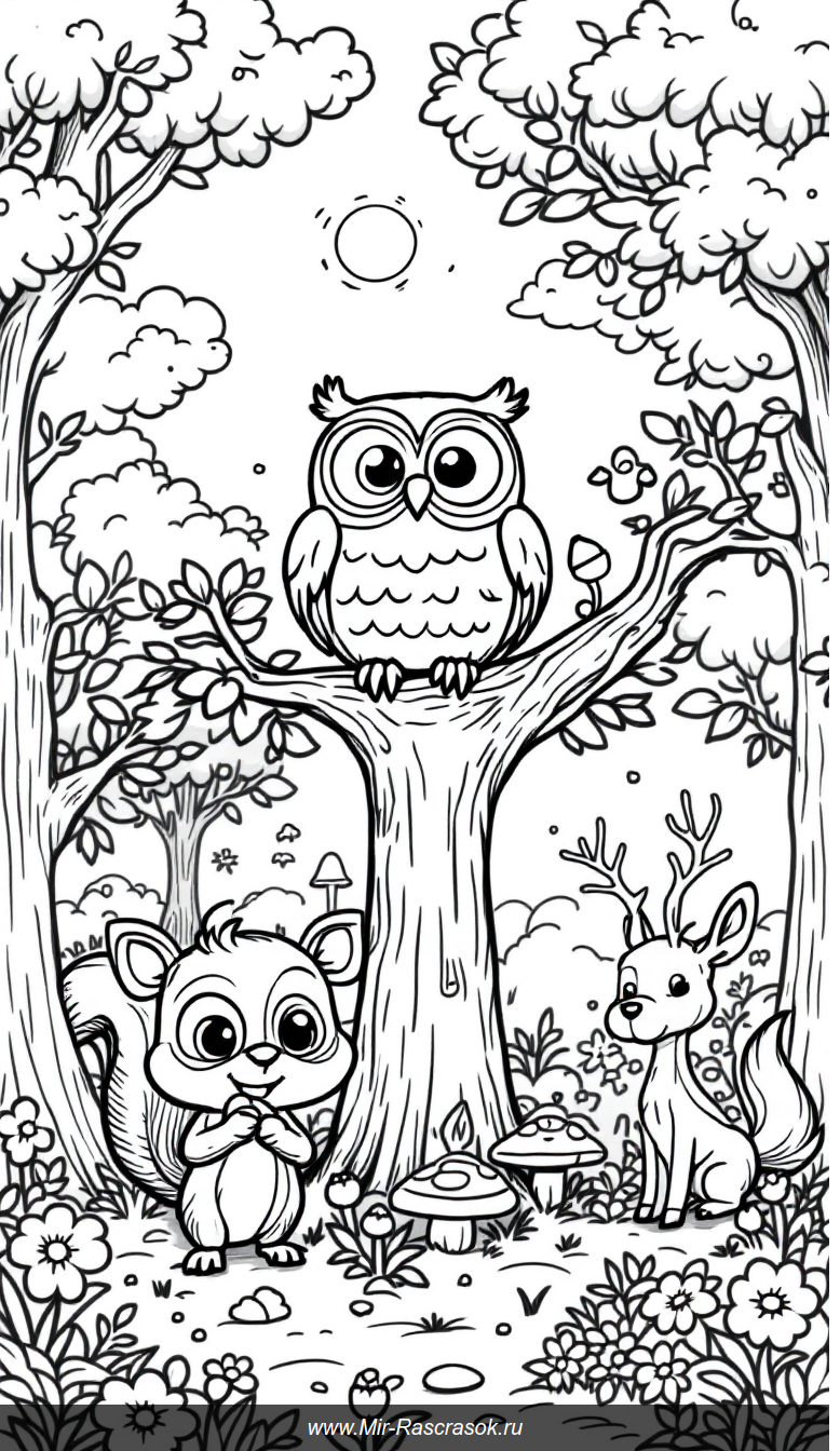 Веселый лес и дружелюбные животные для детской раскраски