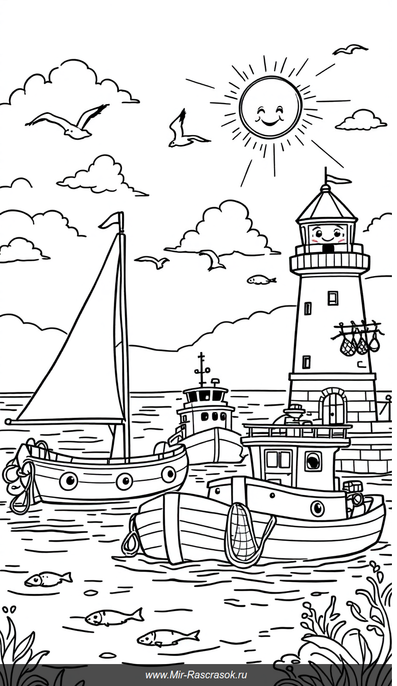 Весёлый порт: раскраска с кораблями и маяком для детей
