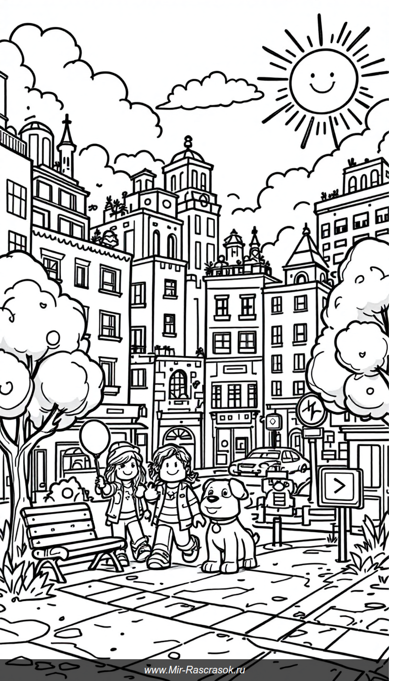 Веселое городское приключение в стиле Роблокс для детской раскраски