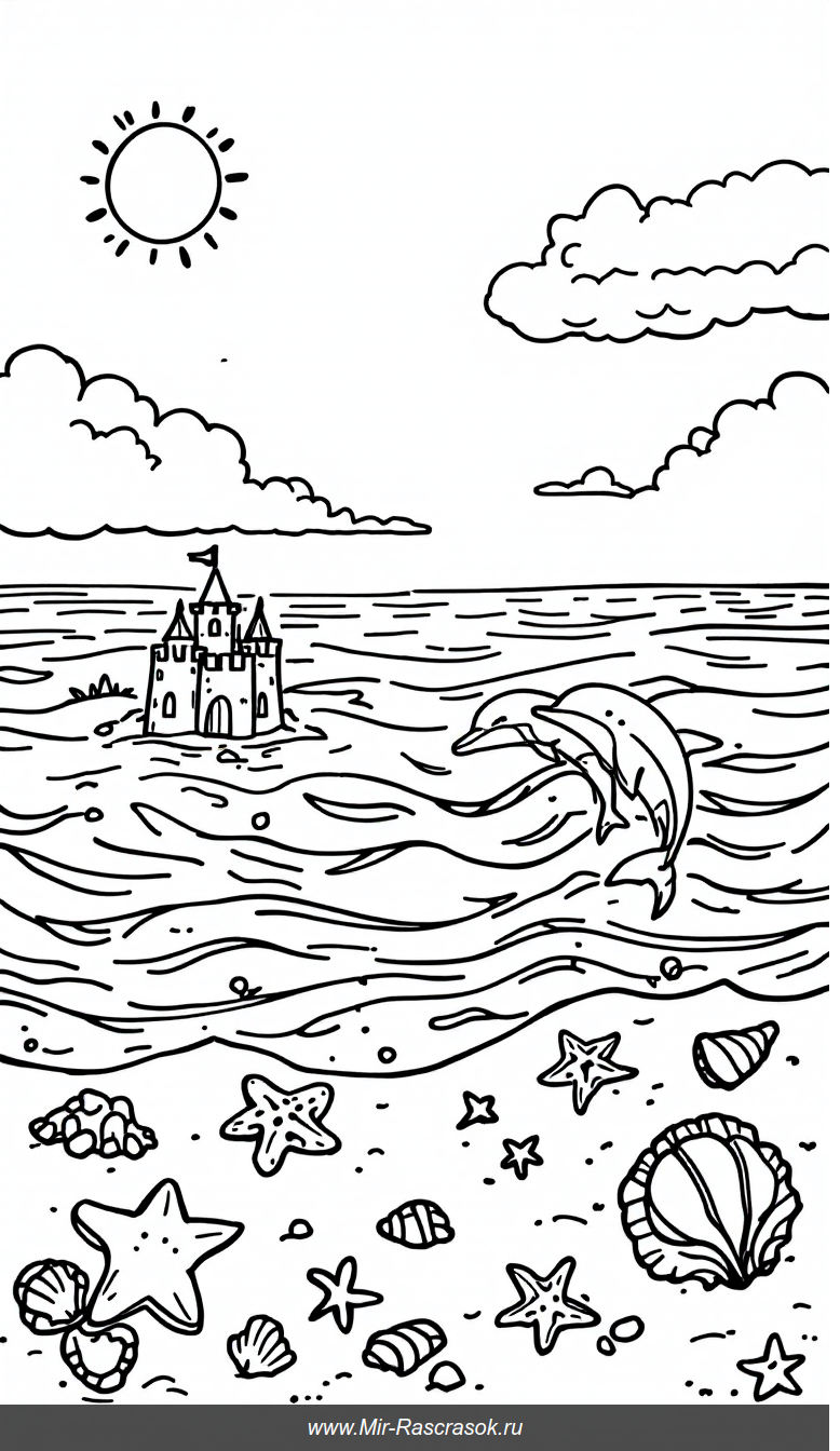 Радостный пляжный день для раскрашивания с дельфинами и замком из песка